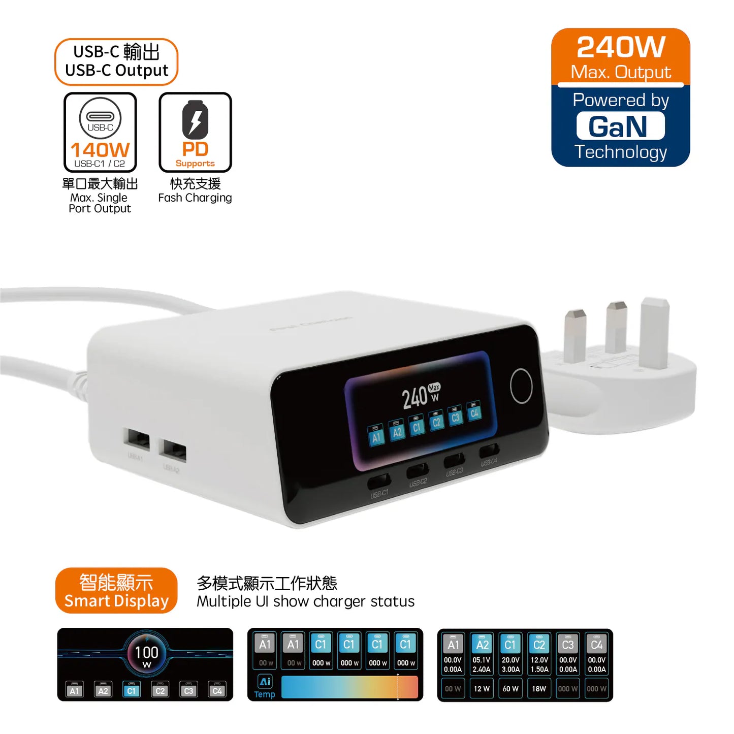First Champion - GaN 240W 智能顯示 桌上 6位USB 快速充電器 UPCT240PD4C2A - with USB-C & USB-A