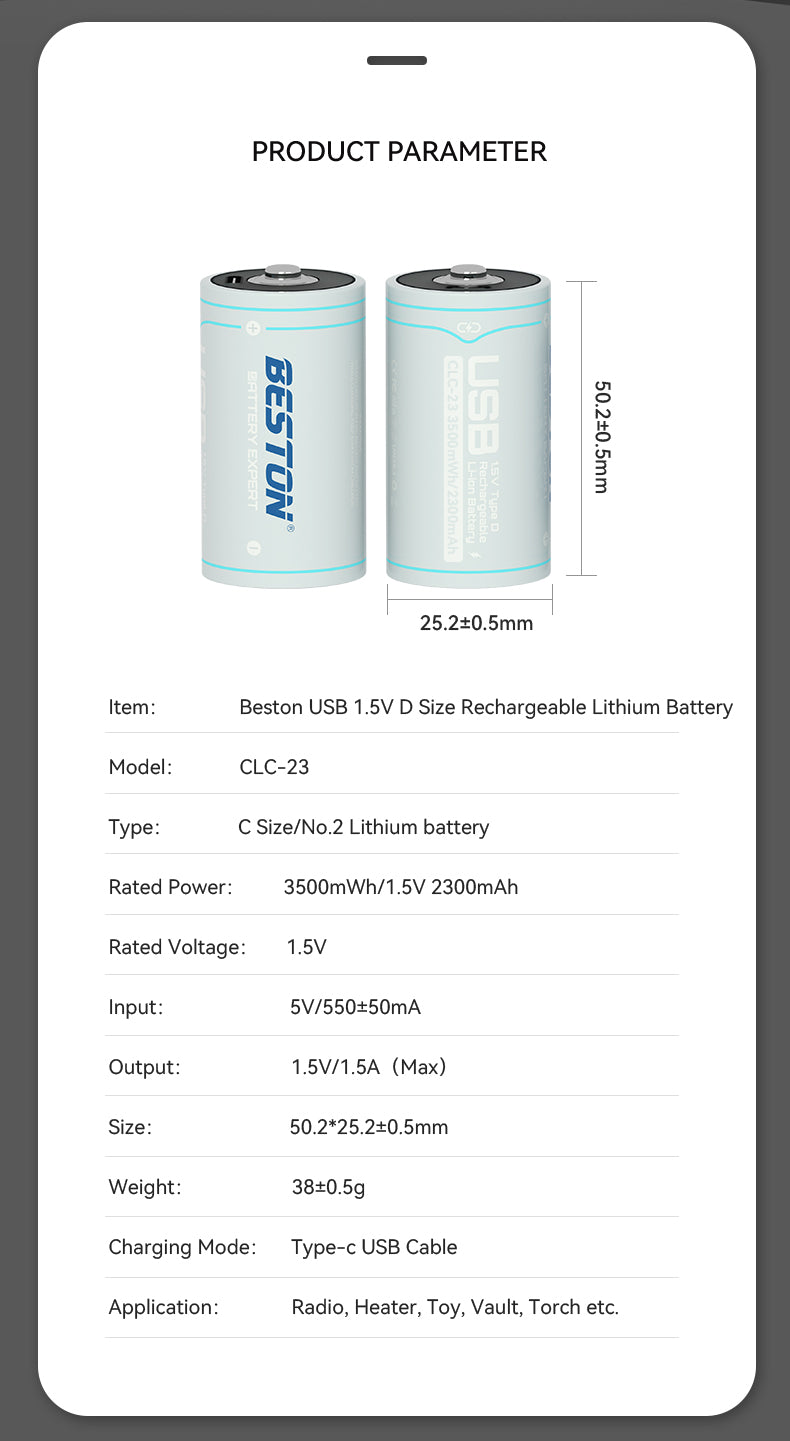 Beston - 恆壓1.5V C型USB-C 充電池 (1粒裝) 3500mWh 中電 鋰電池