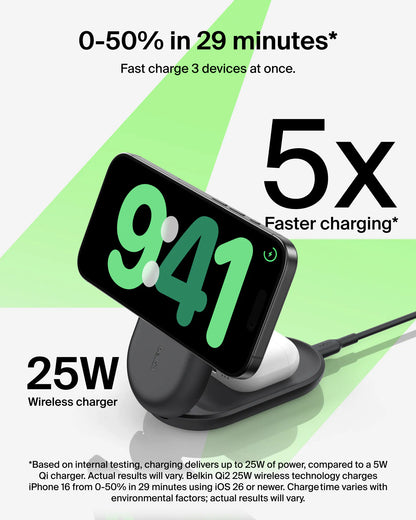 Belkin - UltraCharge Qi2 3合1 可折疊磁吸充電器 25W (附送45W充電器)