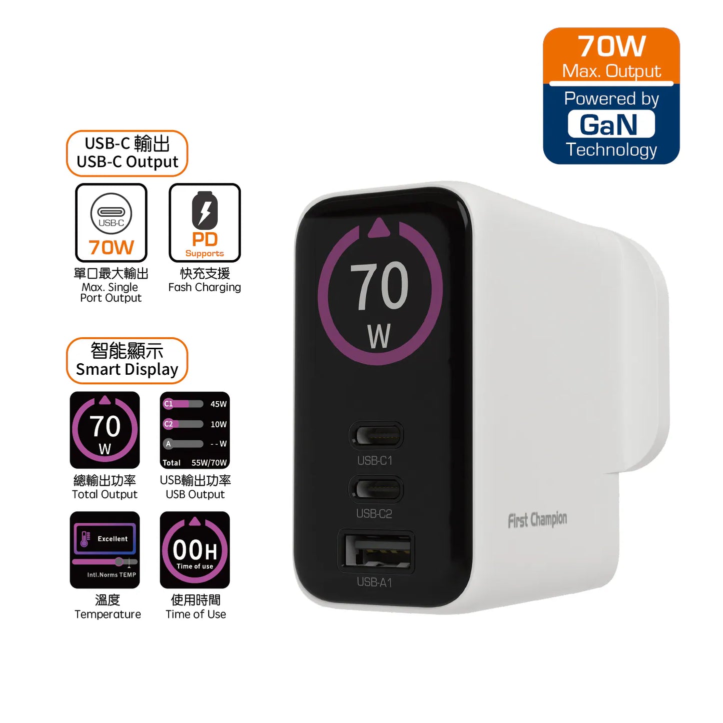 First Champion - Gan 70W 智能顯示 3位USB 充電器 UWCT370PD2C- with USB-C & USB-A