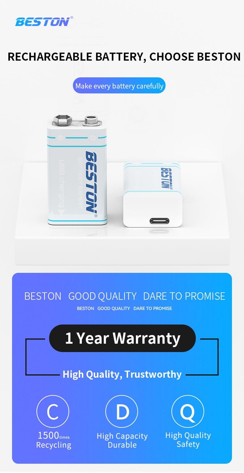 Beston - 9V USB-C 充電 鋰電池 (1粒裝) 3700mWh (9VC-10CV)