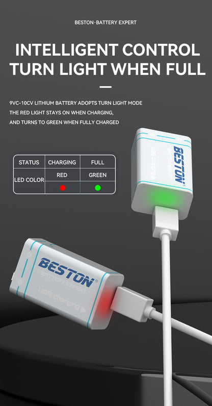 Beston - 9V USB-C 充電 鋰電池 (1粒裝) 3700mWh (9VC-10CV)
