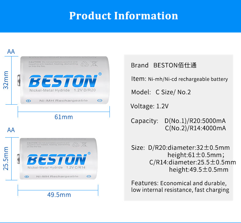 Beston - C型 1.2V 4000mAh 鎳氫充電池 (兩粒裝) C電 中電 R14