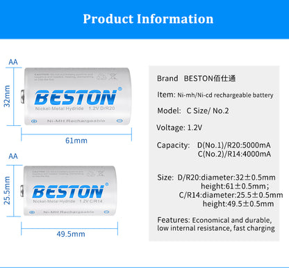 Beston - C型 1.2V 4000mAh 鎳氫充電池 (兩粒裝) C電 中電 R14