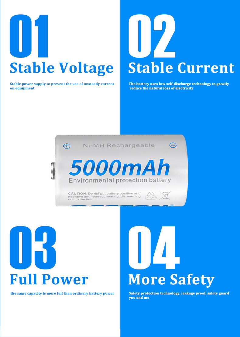 Beston - D型 1.2V 5000mAh 鎳氫充電池 (兩粒裝) D電 R20 大電