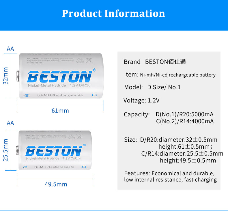 Beston - D型 1.2V 5000mAh 鎳氫充電池 (兩粒裝) D電 R20 大電