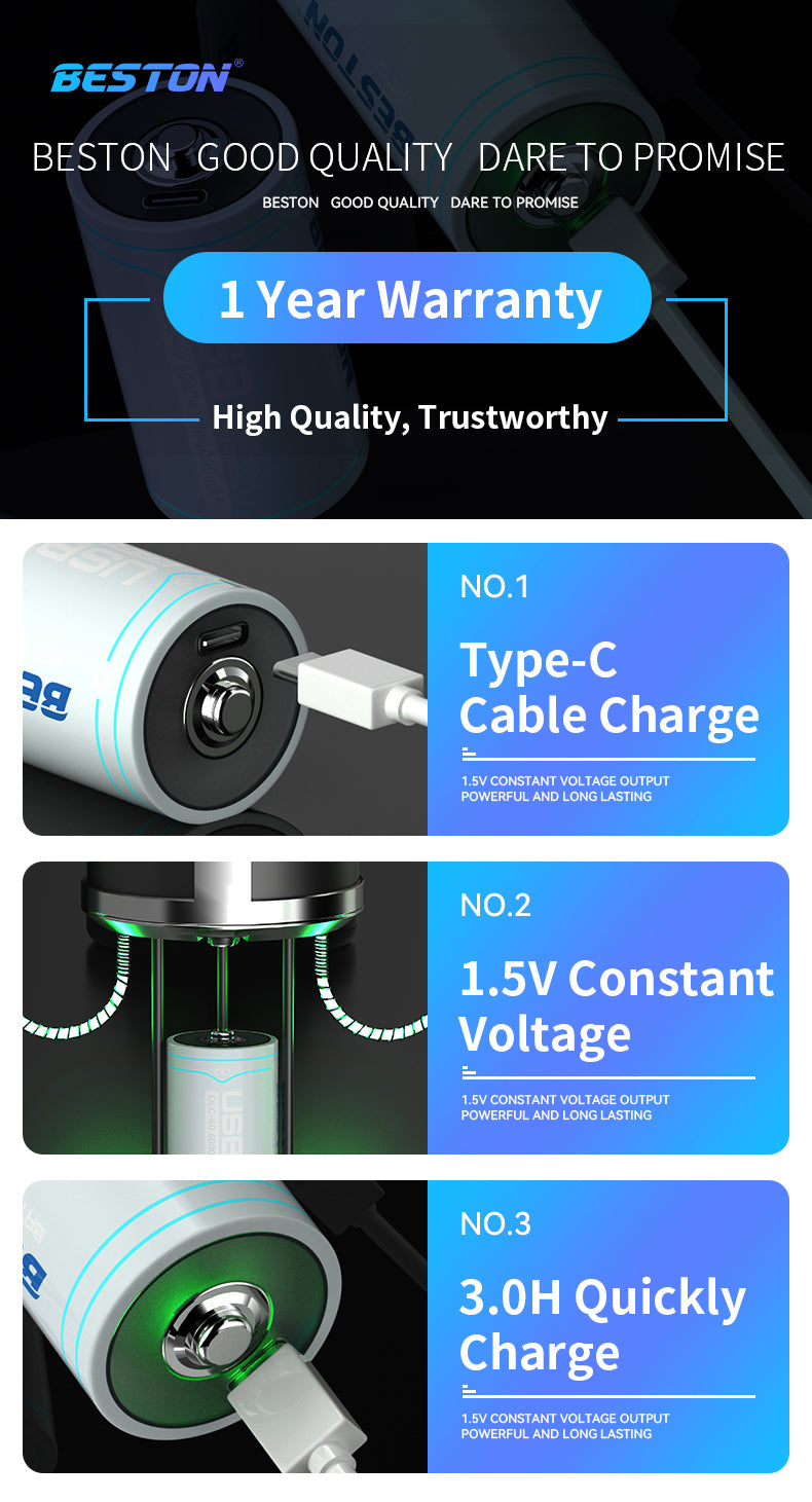 Beston - 恆壓1.5V D型 USB-C 充電池 (1粒裝) 6000mWh 大電充電 鋰電池