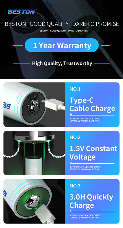 Beston - 恆壓1.5V D型 USB-C 充電池 (1粒裝) 6000mWh 大電充電 鋰電池