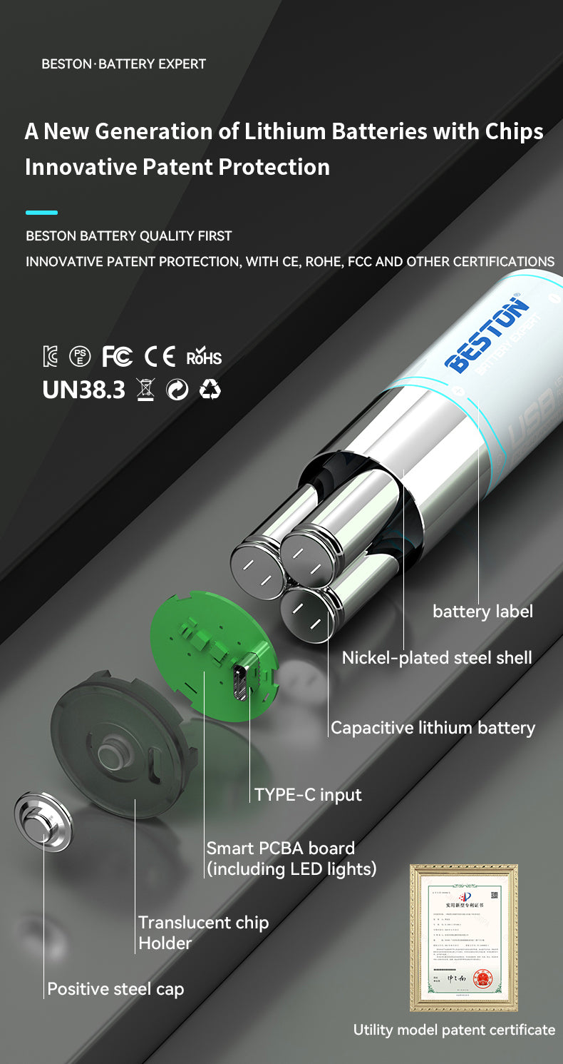 Beston - 恆壓1.5V D型 USB-C 充電池 (1粒裝) 6000mWh 大電充電 鋰電池