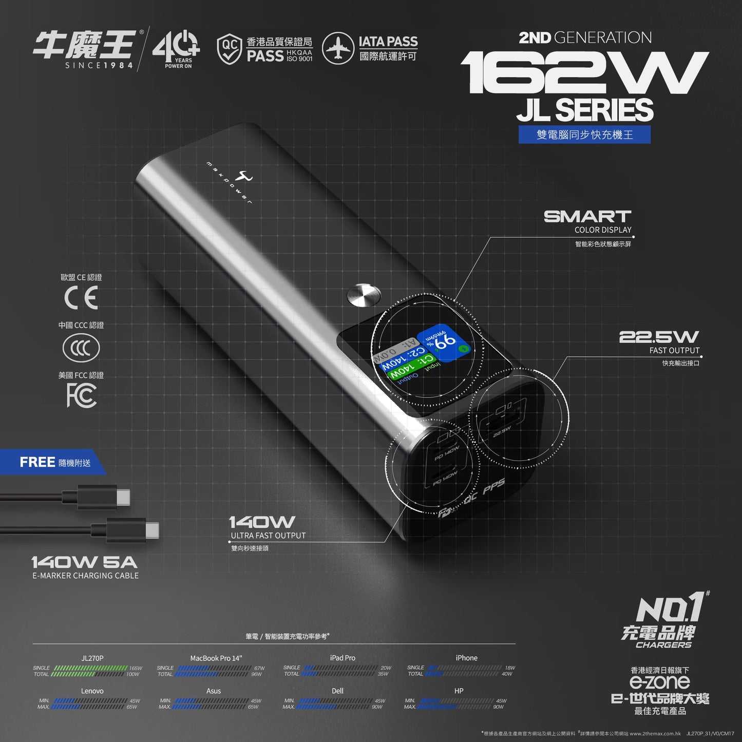 牛魔王 - JL270P 162W 27,000mAh 高容量 筆電 外置充電器(CCC版本)