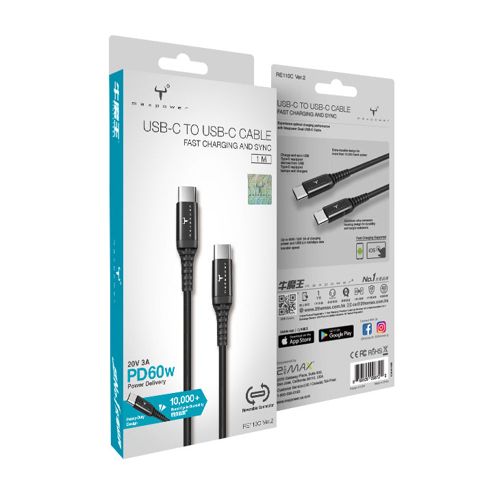 牛魔王 - RE110C USB-C 至 USB-C 快速數據充電線 PD 60W (黑色)