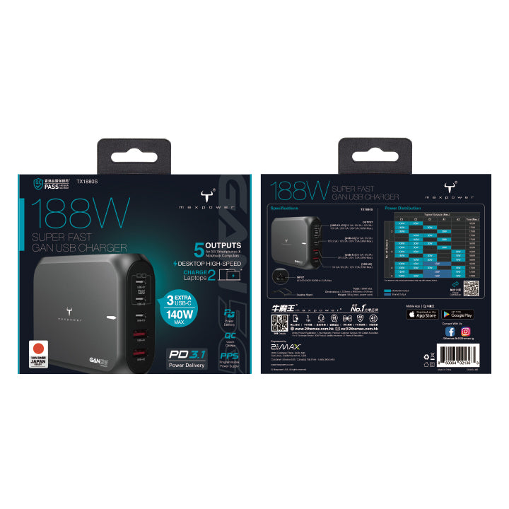 牛魔王 - TX1880S PD3.1 188W GaN 5位 USB 快速充電器