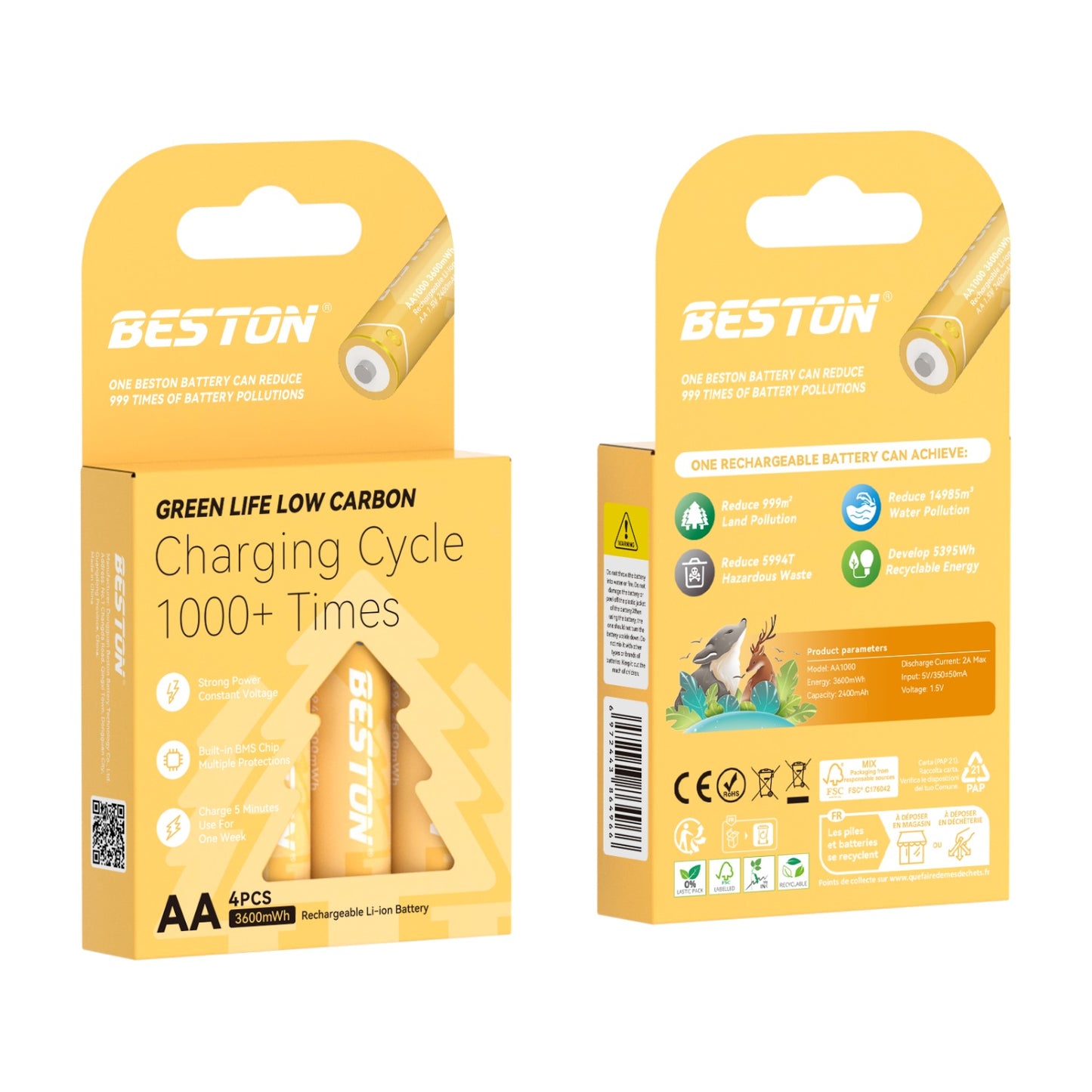 Beston - 恆壓1.5V AA 充電 鋰電池 3600mWh (4粒裝)