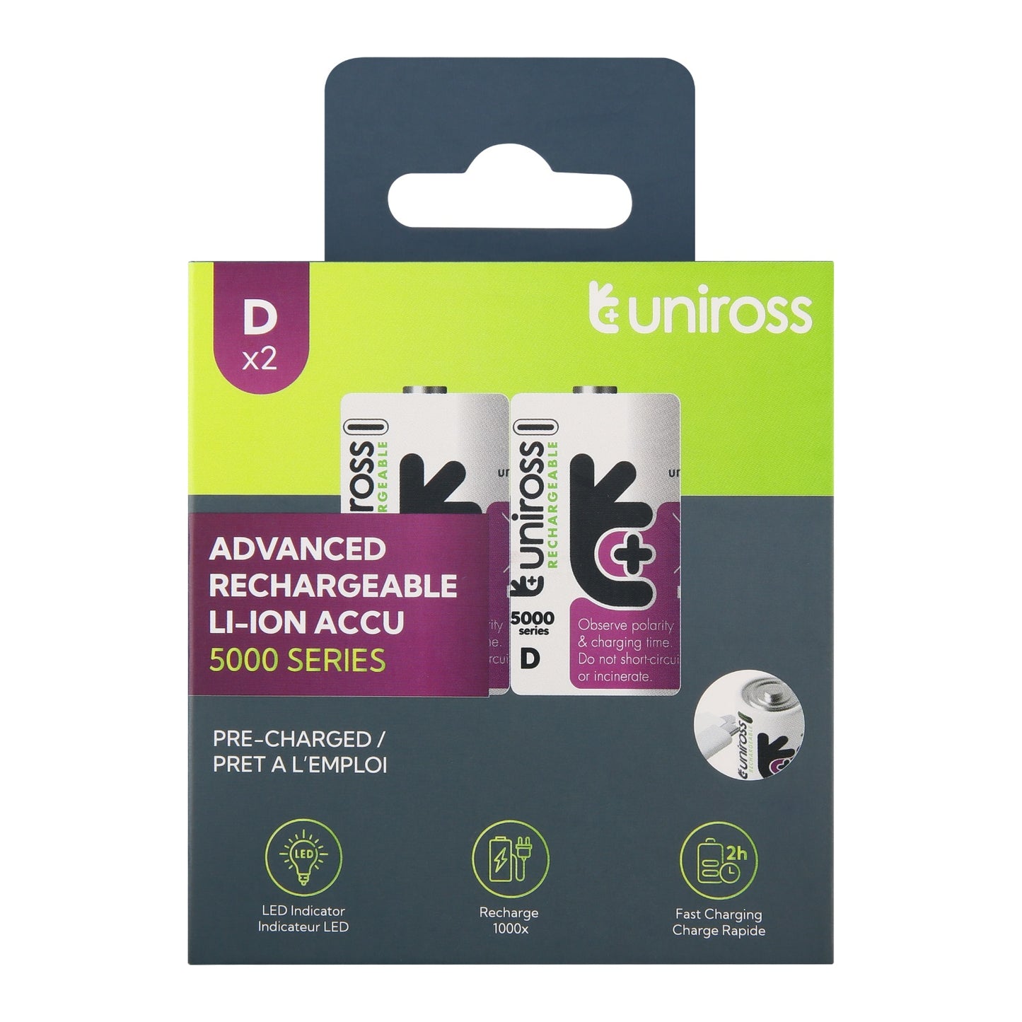 Uniross - 恆壓1.5V D型 USB-C 充電 鋰電池 (2粒裝) 大電 D電 LR20 HR20